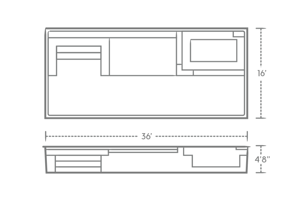 Floor plan of a rectangular pool and spa combination. The pool is 36 feet long, 16 feet wide, and 4 feet 8 inches deep. Features include a set of steps on the left and a spa area on the right.